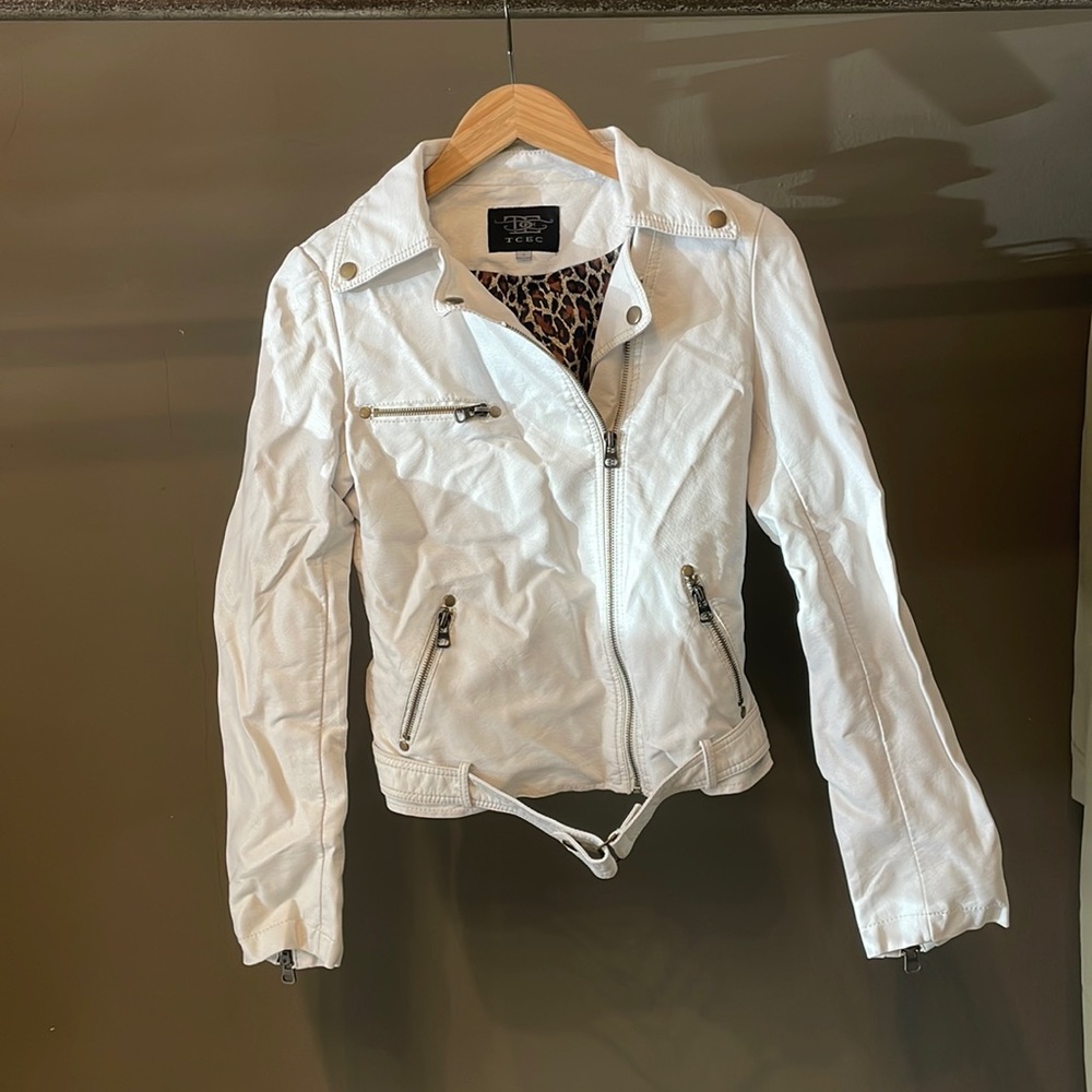 TCEC white faux leather moto jacket